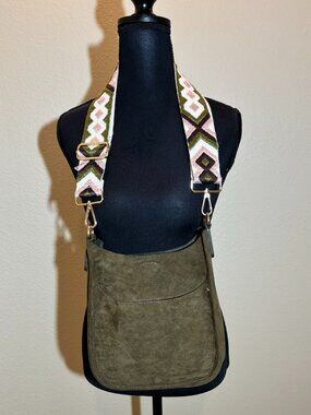 Olive Green Faux Suede Hobo Messenger Purse Multi-Color Strap